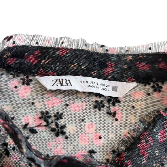 ZARA Black Floral Sheer Ruffle Trim Blouse Size Small – Romantic Feminine - Picture 7 of 9